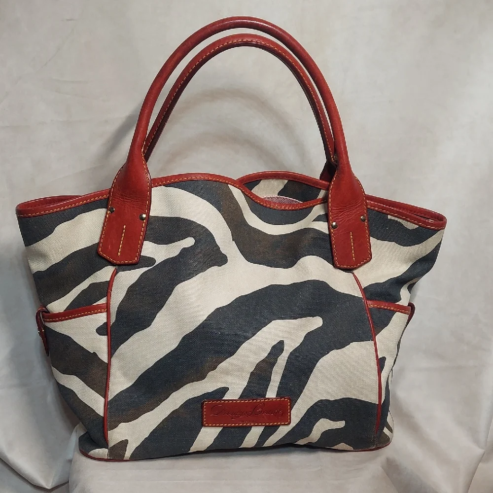Dooney & Bourke Zebra Canvas Tote Bag Red Leather Trim Safari Large READ DESC